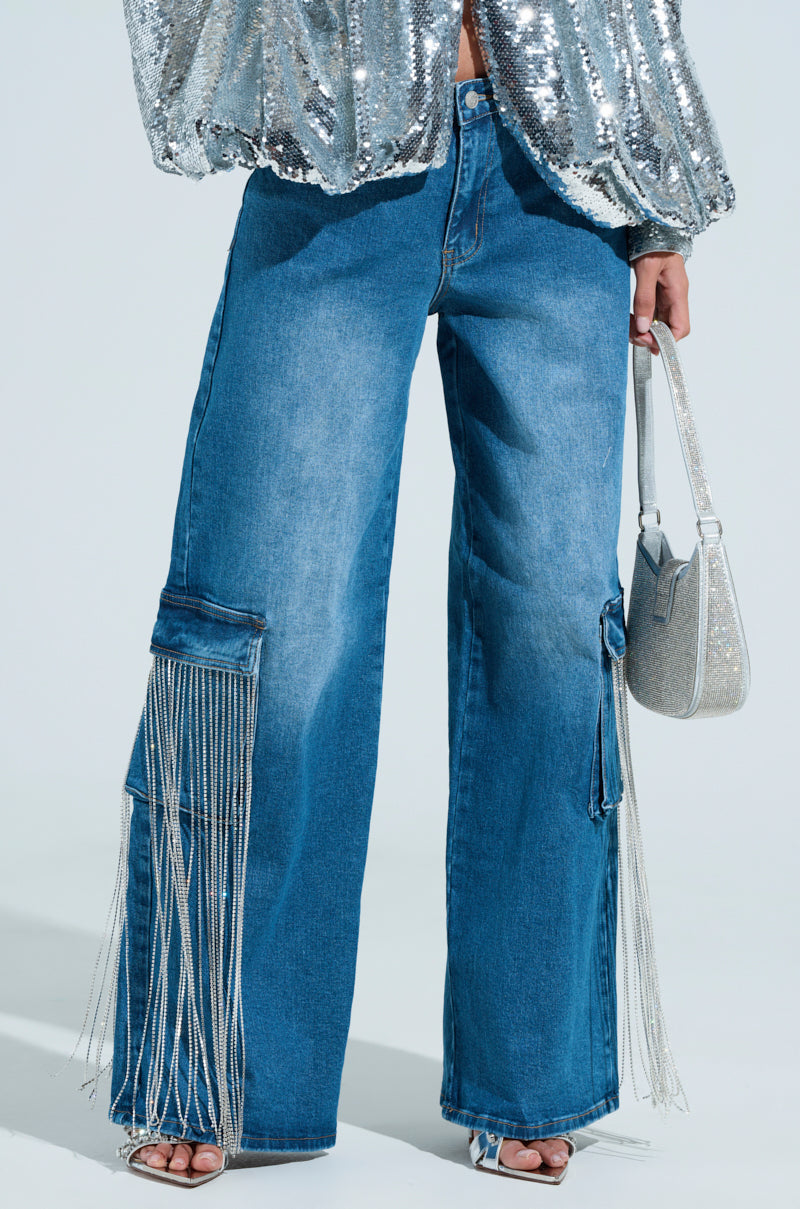 GIMME GIMME RHINESTONE CHAIN CARGO JEANS
