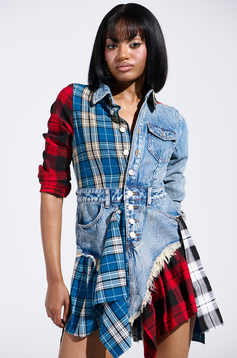 PATCHWORK PLAID DENIM MINI DRESS