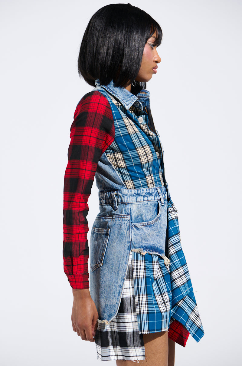 PATCHWORK PLAID DENIM MINI DRESS