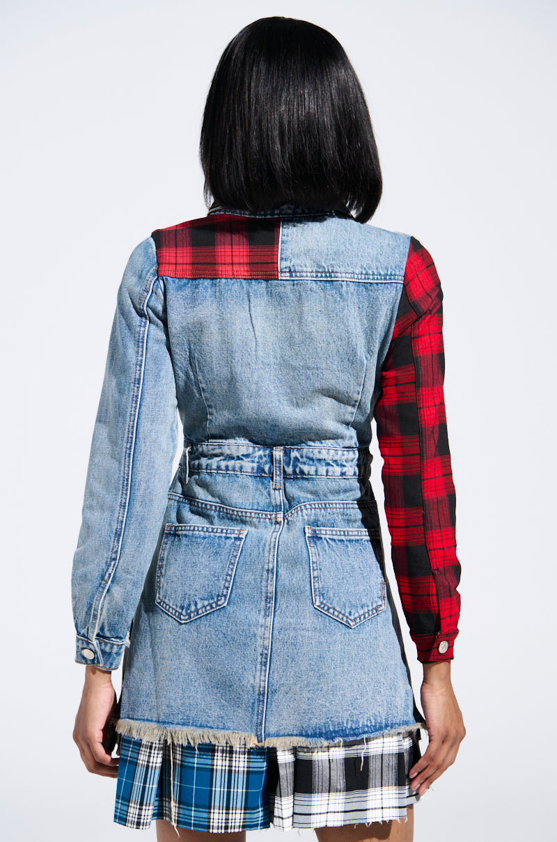 PATCHWORK PLAID DENIM MINI DRESS