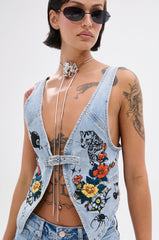 OUT OF MY LEAGUE DENIM HALTER TOP