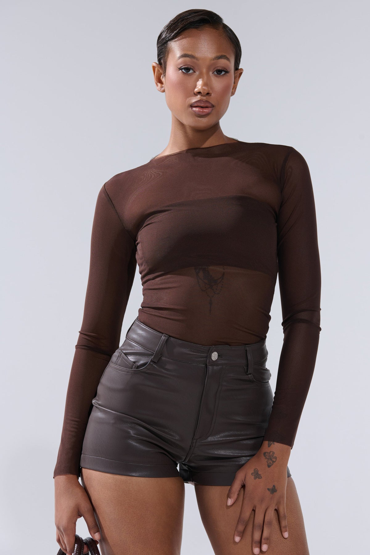 PAXTON RAW HEM LONG SLEEVE MESH TEE IN CHOCOLATE BROWN