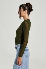 PAXTON RAW HEM LONG SLEEVE MESH TEE IN OLIVE