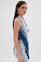 PATCHED UP COWL NECK DENIM HALTER TOP