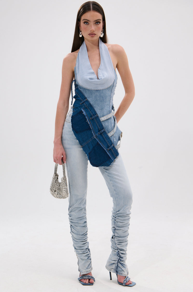 PATCHED UP COWL NECK DENIM HALTER TOP