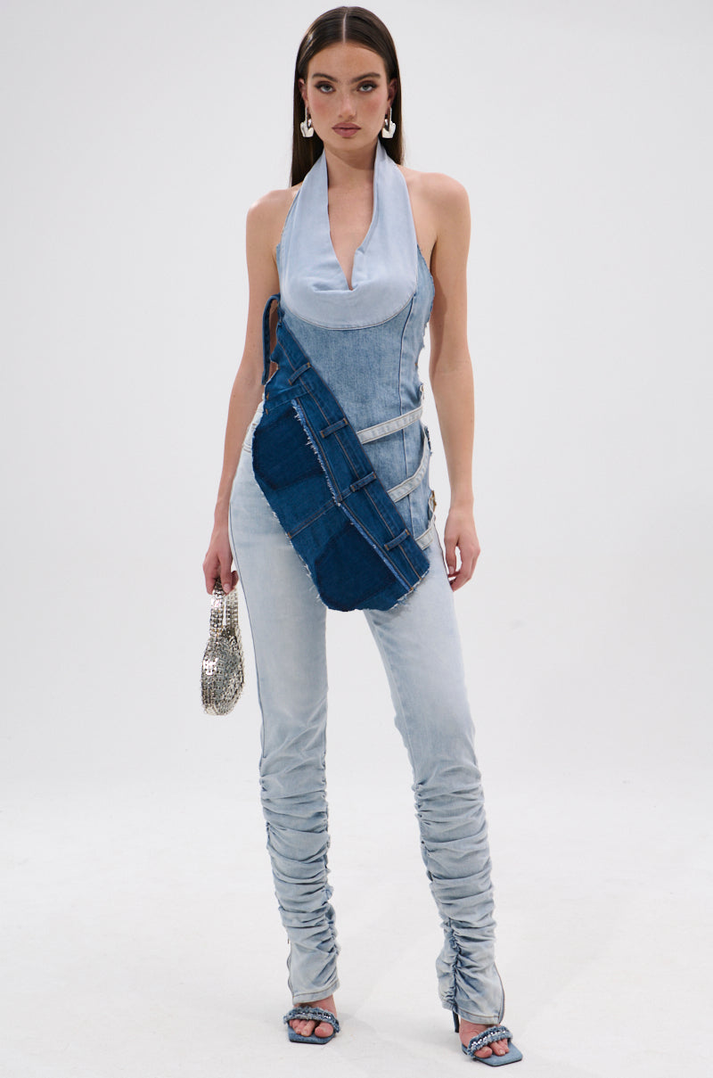 PATCHED UP COWL NECK DENIM HALTER TOP