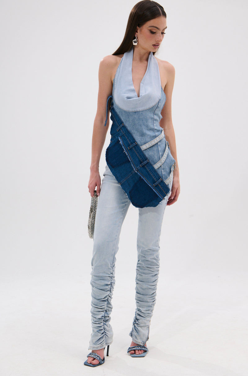 PATCHED UP COWL NECK DENIM HALTER TOP