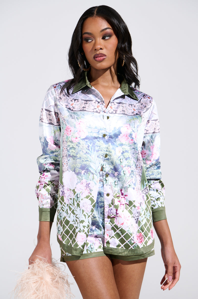 FLOWER PARTY SATIN BUTTON UP SHIRT