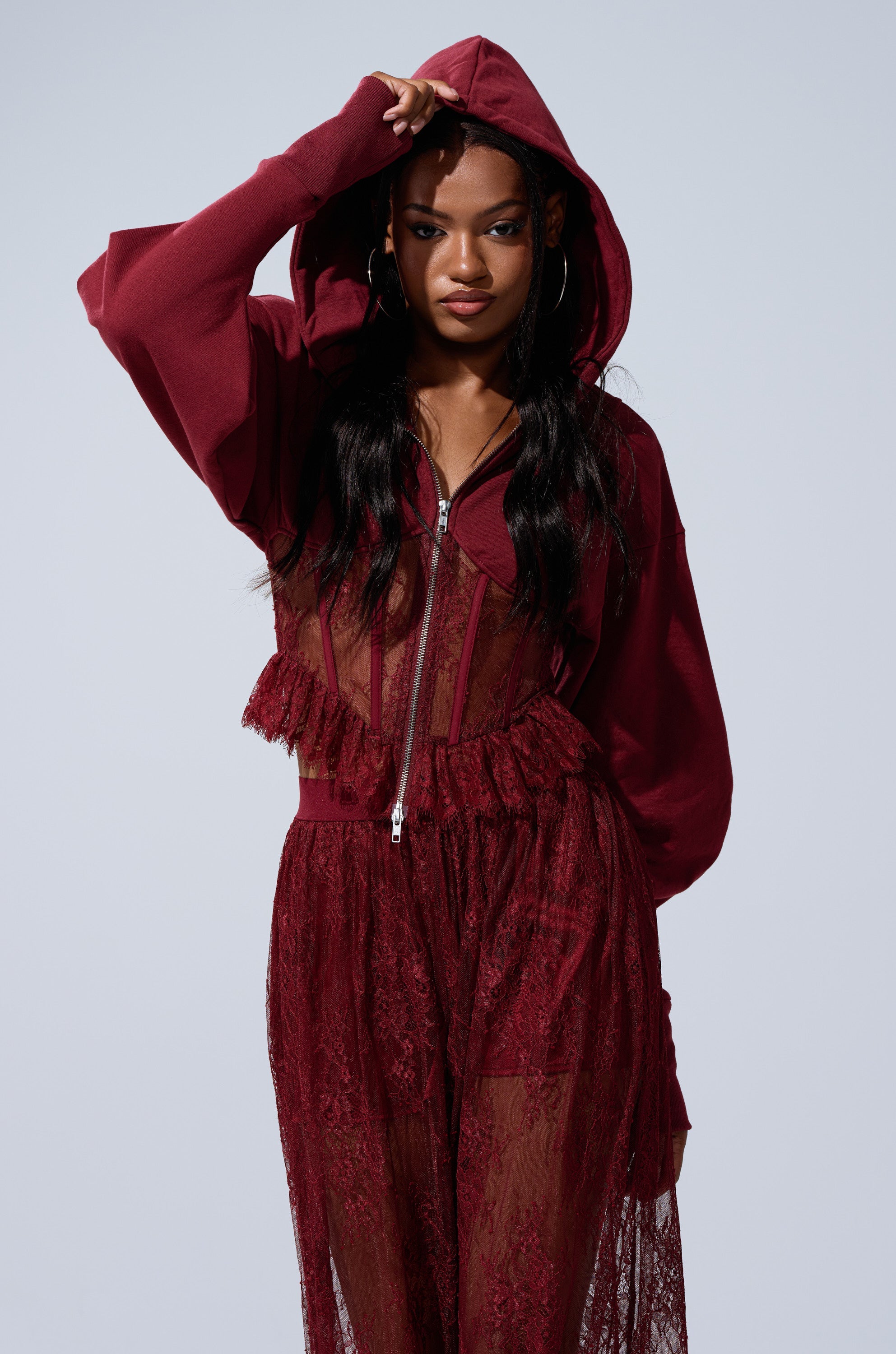 TOO TRENDY ZIP UP SWEATSHIRT WITH LACE