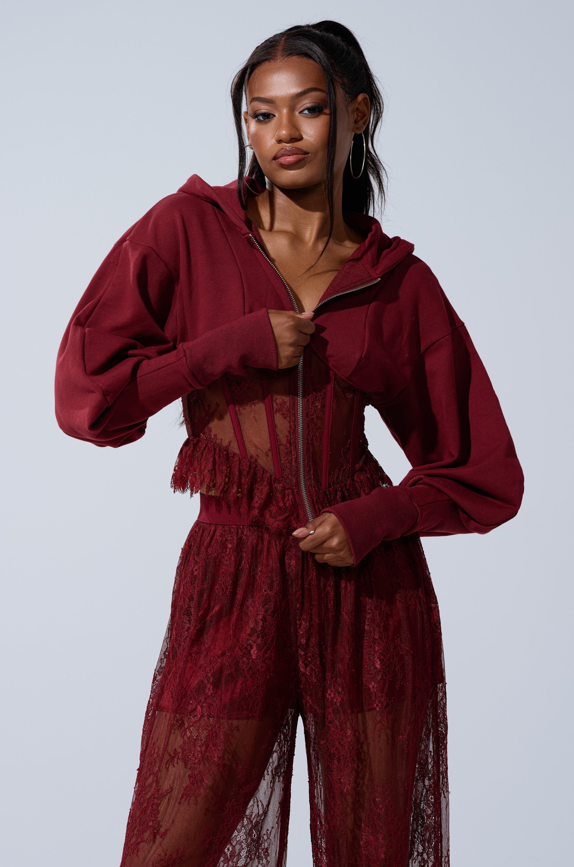 TOO TRENDY ZIP UP SWEATSHIRT WITH LACE