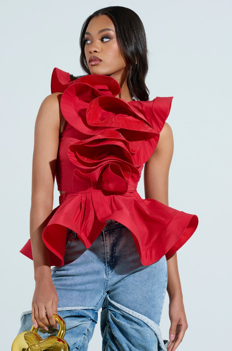 MISS FASHIONISTA SLEEVELESS RUFFLE PEPLUM BLOUSE IN RED