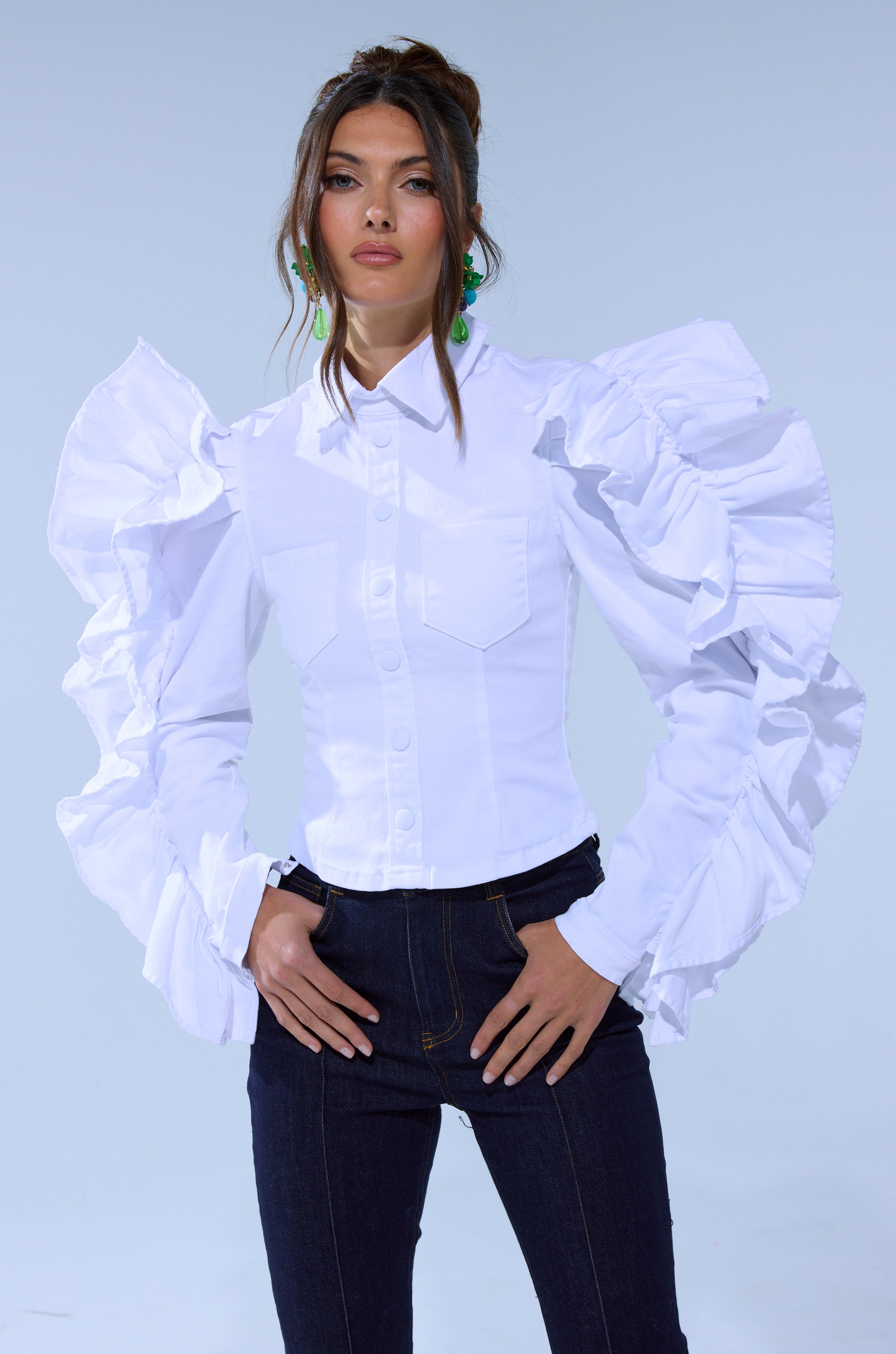 DREA RUFFLE SLEEVE BUTTON DOWN
