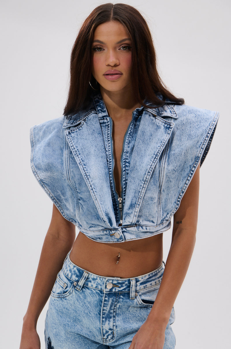 TOO COOL FOR YOU DENIM ZIP-UP BLOUSE