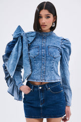 SEIZE THE DAY LONG SLEEVE FLOUNCE MEDIUM BLUE DENIM TOP