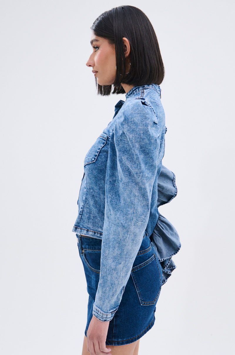 SEIZE THE DAY LONG SLEEVE FLOUNCE MEDIUM BLUE DENIM TOP
