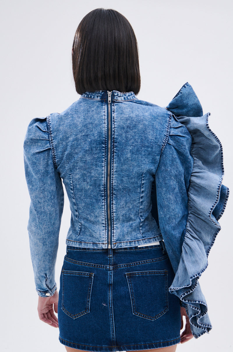 SEIZE THE DAY LONG SLEEVE FLOUNCE MEDIUM BLUE DENIM TOP