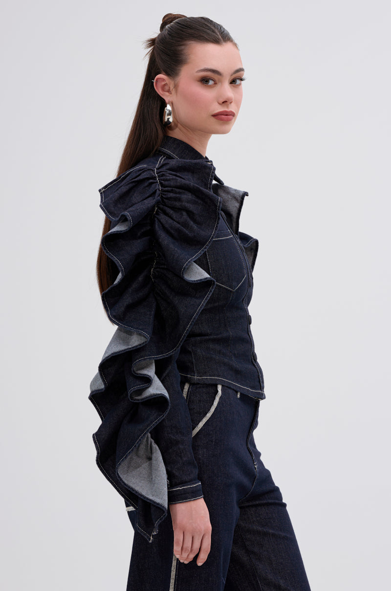 RUFFLED UP LONG SLEEVE DENIM TOP