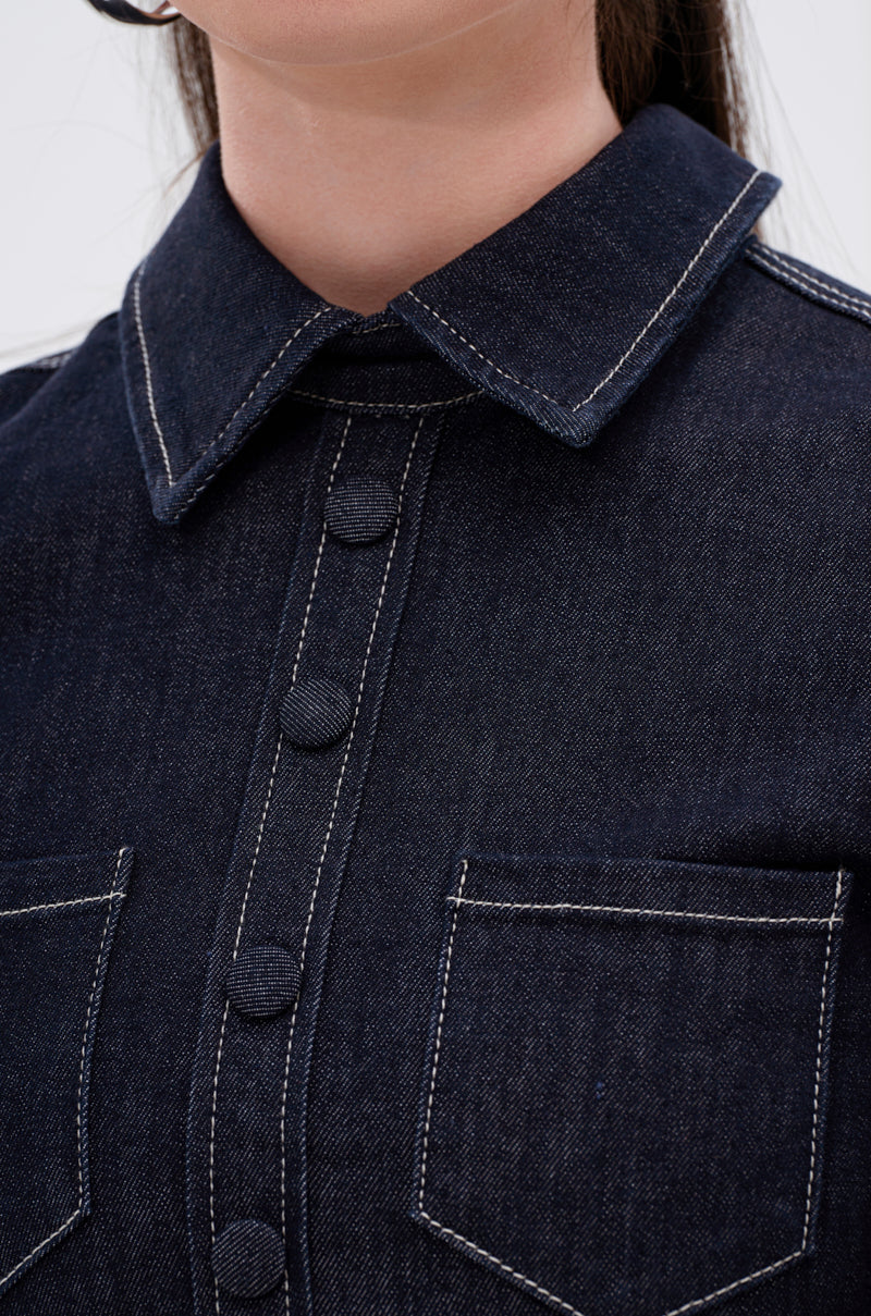 RUFFLED UP LONG SLEEVE DENIM TOP