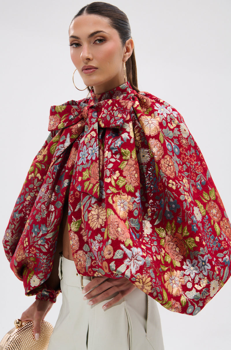 ETHEREAL FLORAL PUFF SLEEVE BROCADE TOP