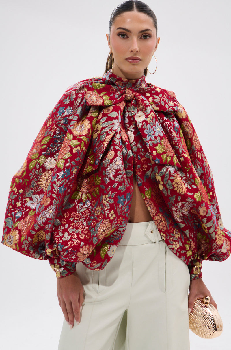 ETHEREAL FLORAL PUFF SLEEVE BROCADE TOP