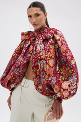 ETHEREAL FLORAL PUFF SLEEVE BROCADE TOP