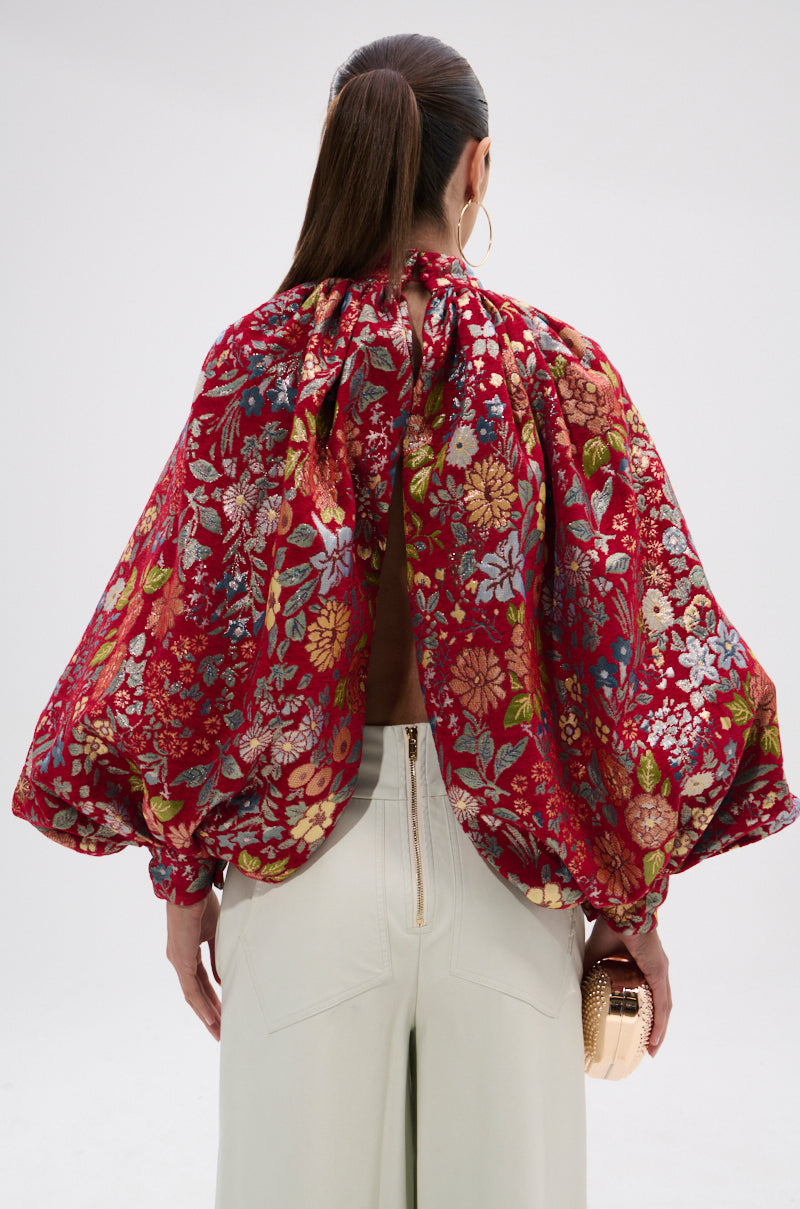ETHEREAL FLORAL PUFF SLEEVE BROCADE TOP