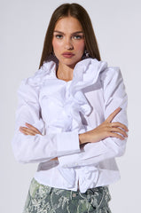 MEGHAN DRAMATIC RUFFLE BUTTON DOWN BLOUSE