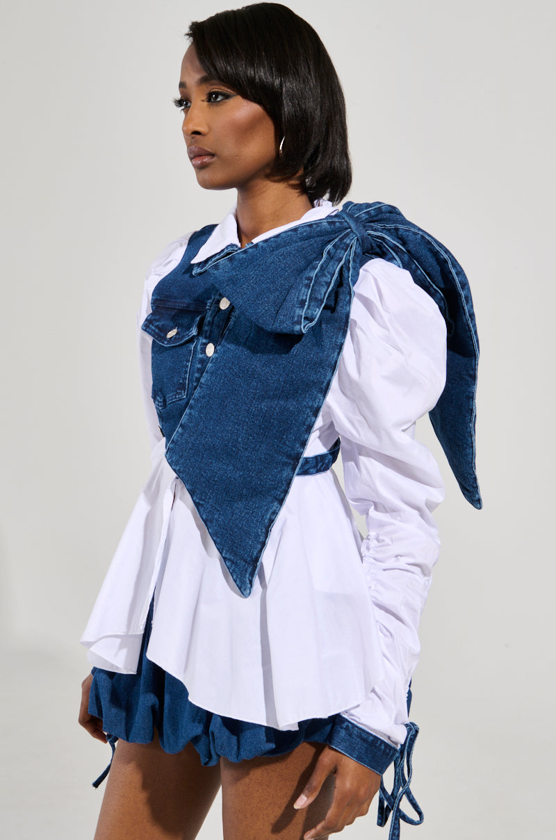 MELODY DENIM TIE POPLIN BLOUSE
