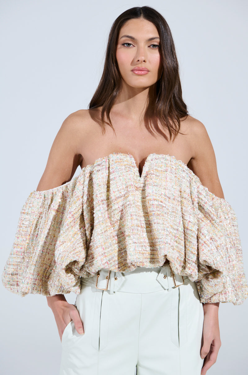 THE PRETTIEST FLOWER TWEED OFF-SHOULDER TOP