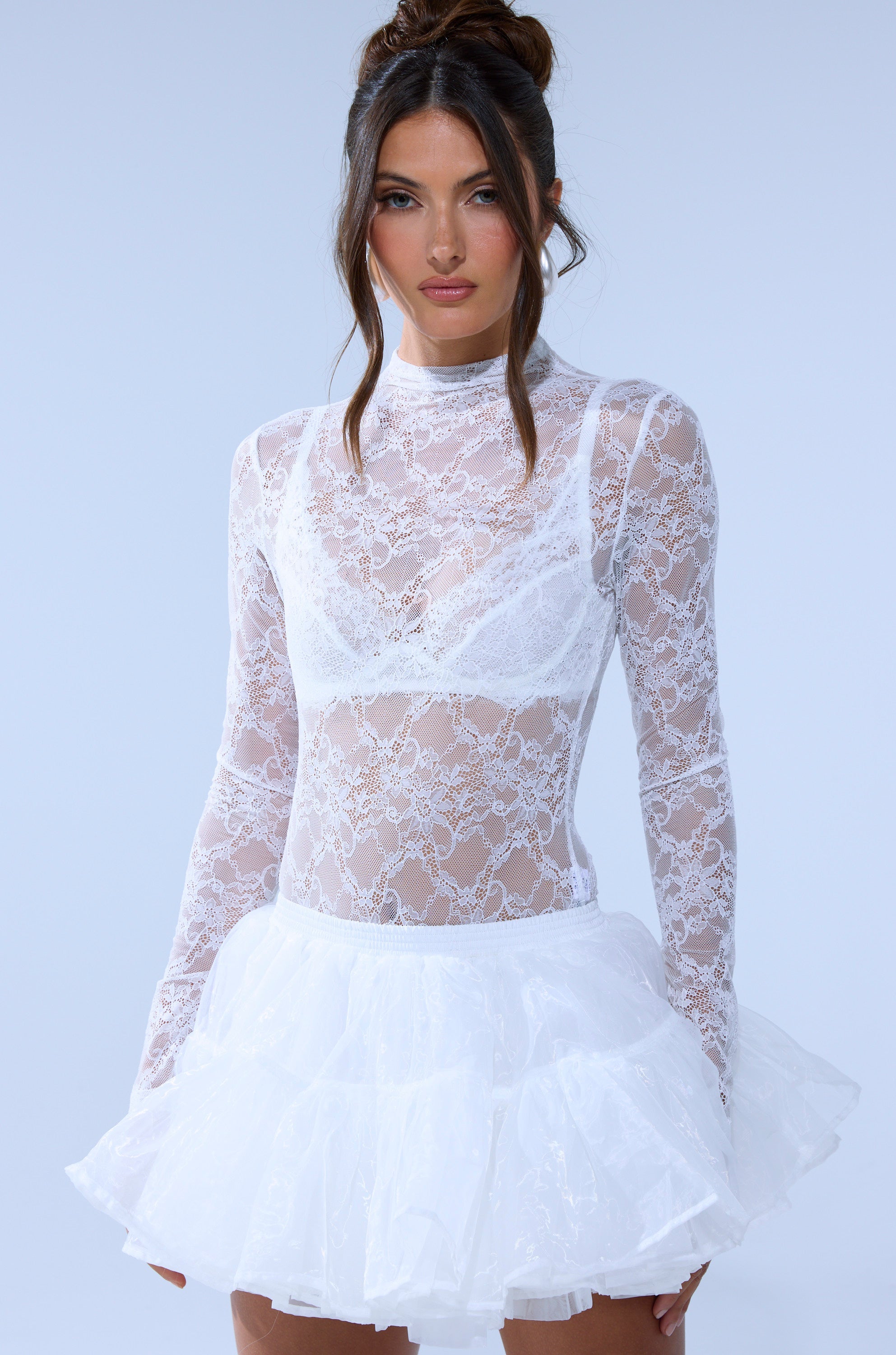 EVERYDAY MOCK NECK LACE BODYSUIT IN WHITE