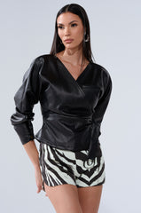 EASY ENOUGH FAUX LEATHER TIE FRONT BLOUSE
