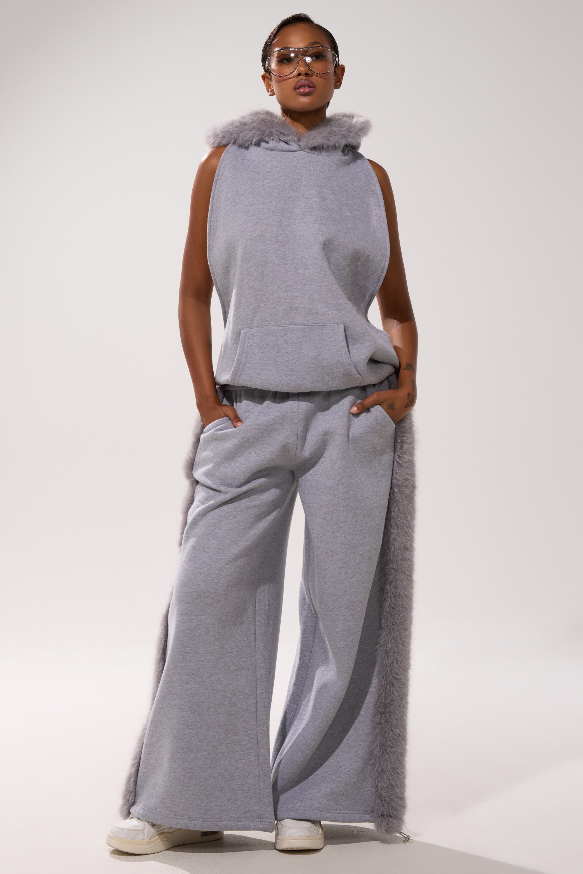 LUXE FUR OPEN-BACK SWEATSHIRT IN GREY