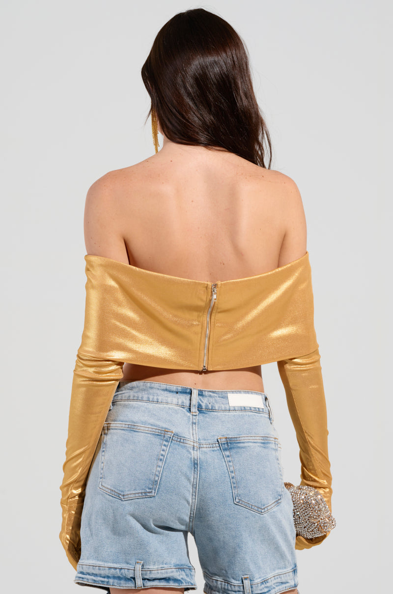 JUST LIKE MAGIC SLINKY OFF THE SHOULDER GLOVED TOP IN GOLD