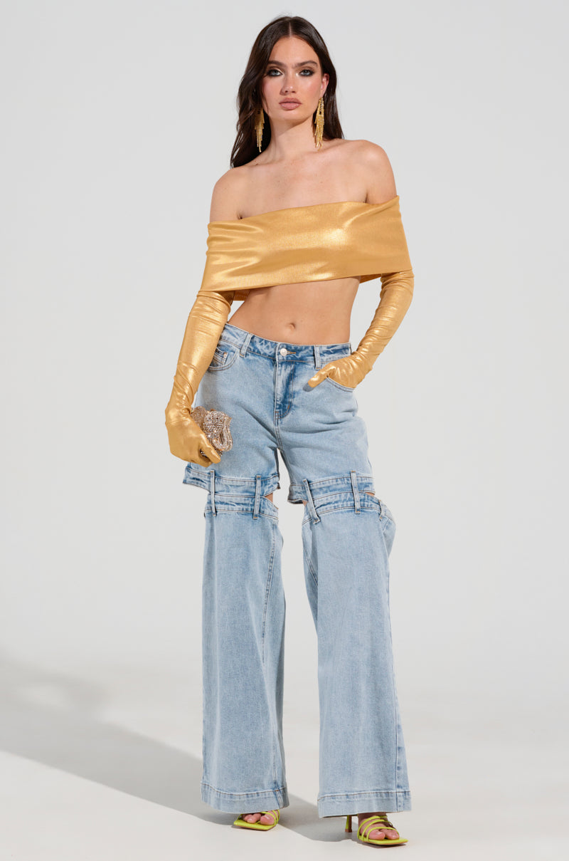 JUST LIKE MAGIC SLINKY OFF THE SHOULDER GLOVED TOP IN GOLD