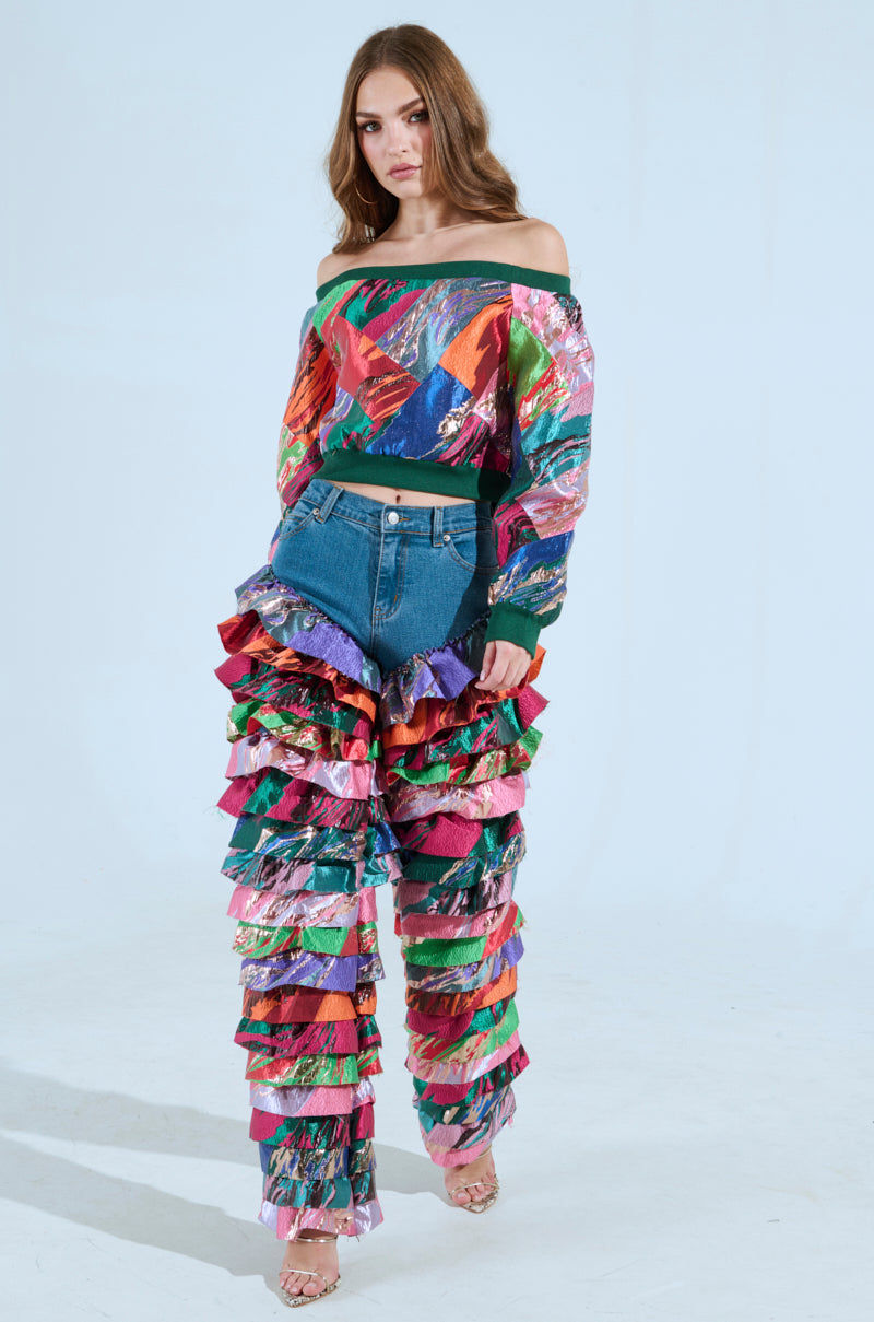 LIFE IS BUT A DREAM OFF THE SHOULDER MULTI PRINT SWEATSHIRT