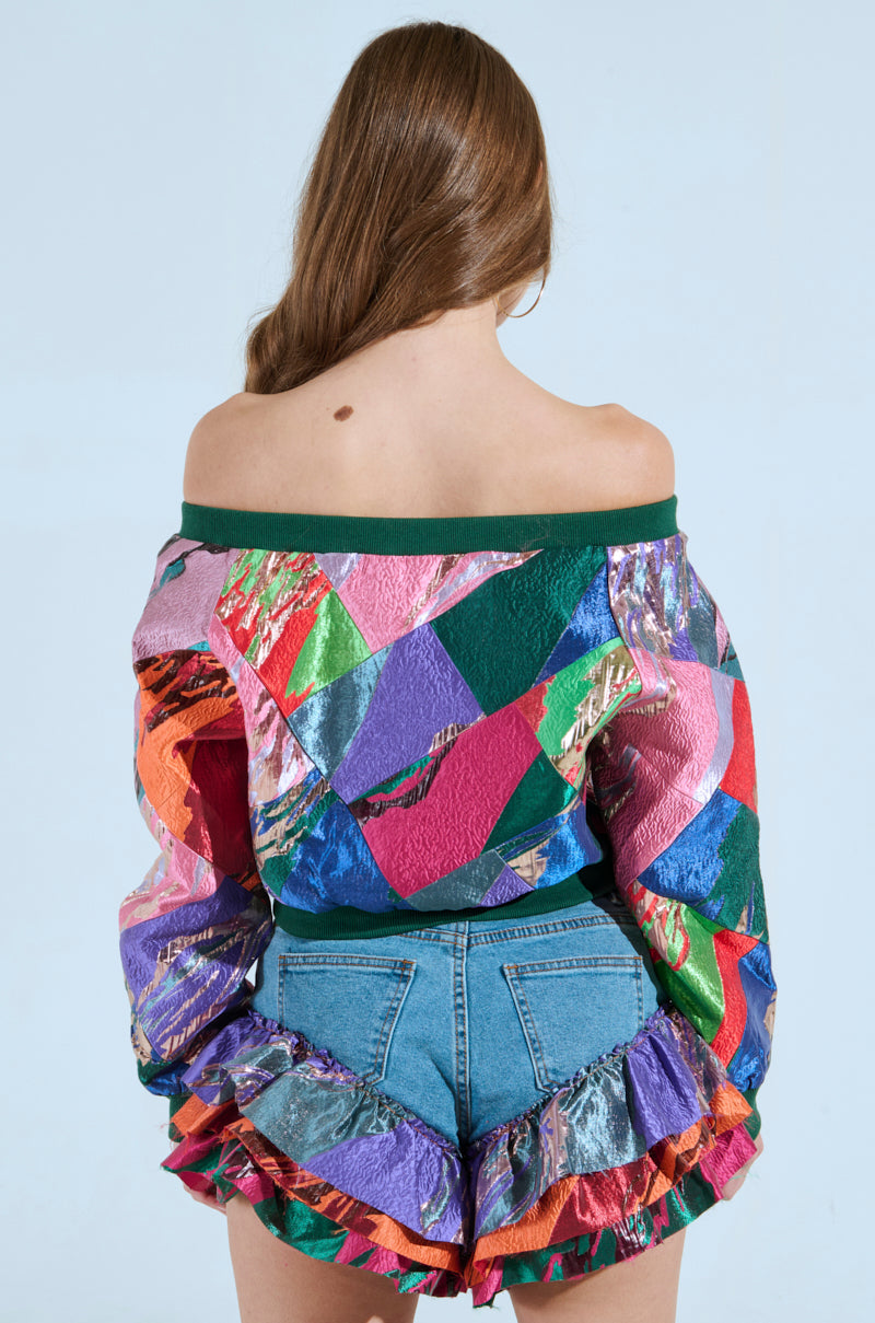 LIFE IS BUT A DREAM OFF THE SHOULDER MULTI PRINT SWEATSHIRT