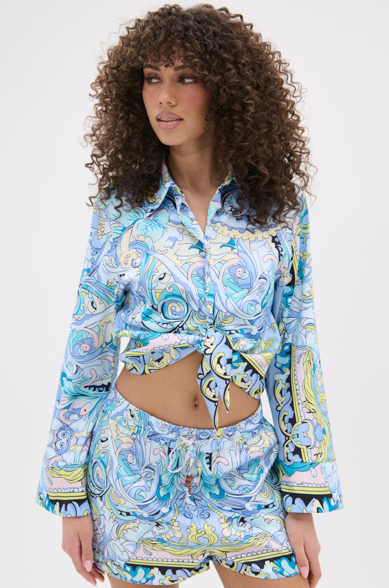 CRAZY IS GOOD PRINTED TIE FRONT BLOUSE