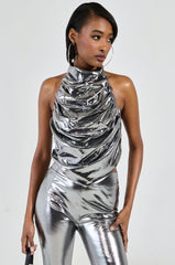 MIAMI NIGHTS HALTER NECK TOP IN SILVER