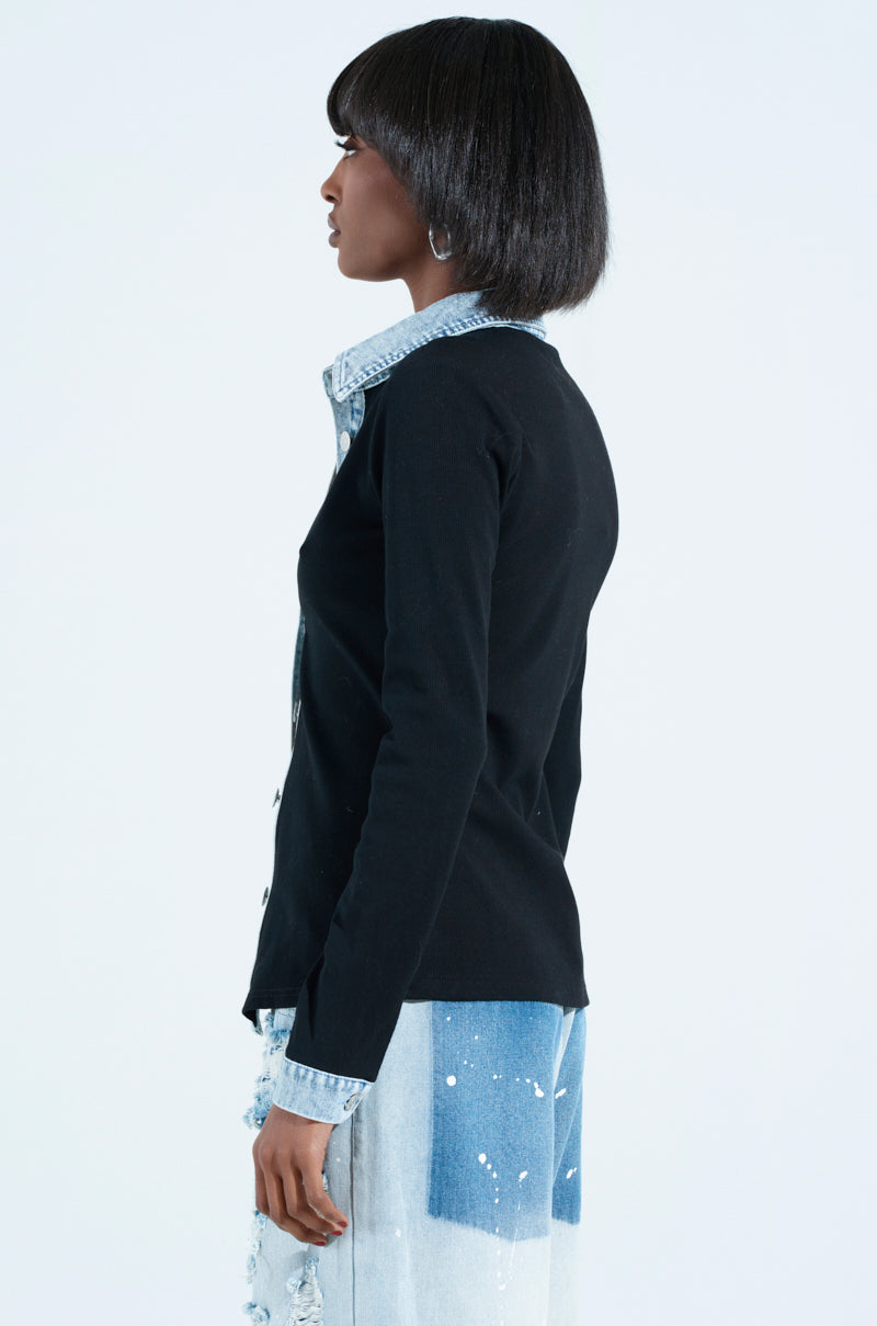 RIB KNIT DENIM TRIM BUTTON DOWN COLLARED SHIRT IN BLACK