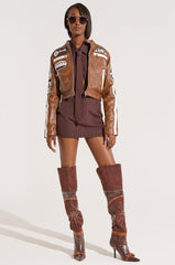 STRAIGHT TO BUSINESS PINSTRIPE MINI SKIRT IN BROWN