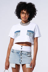 NEVER ALONE TEE WITH DENIM PATCH