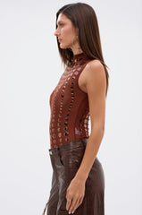 NOT MY FAULT SLEEVELESS BODYSUIT IN BROWN