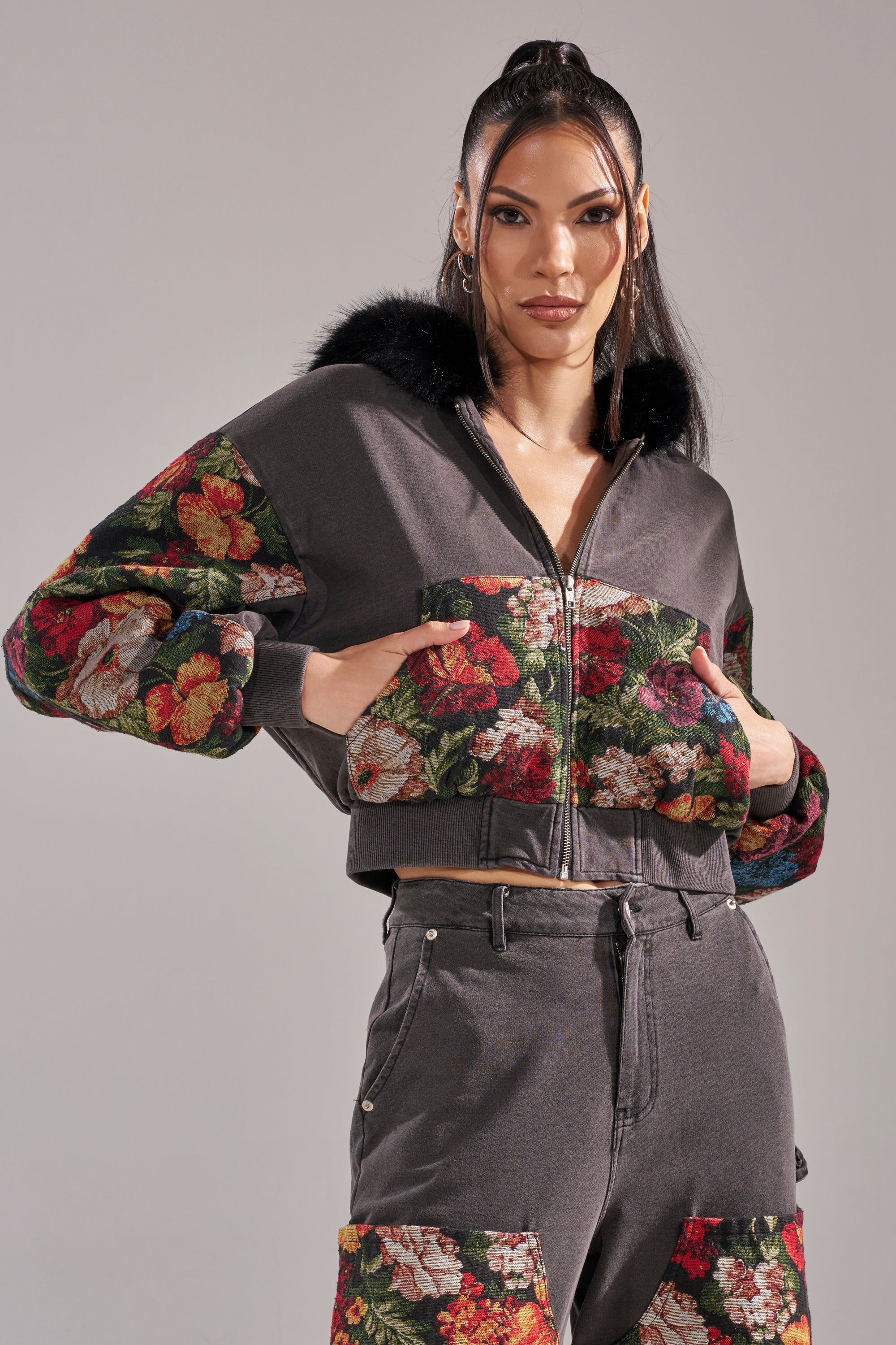 TRY ME FLORAL DENIM ZIP UP SWEATSHIRT