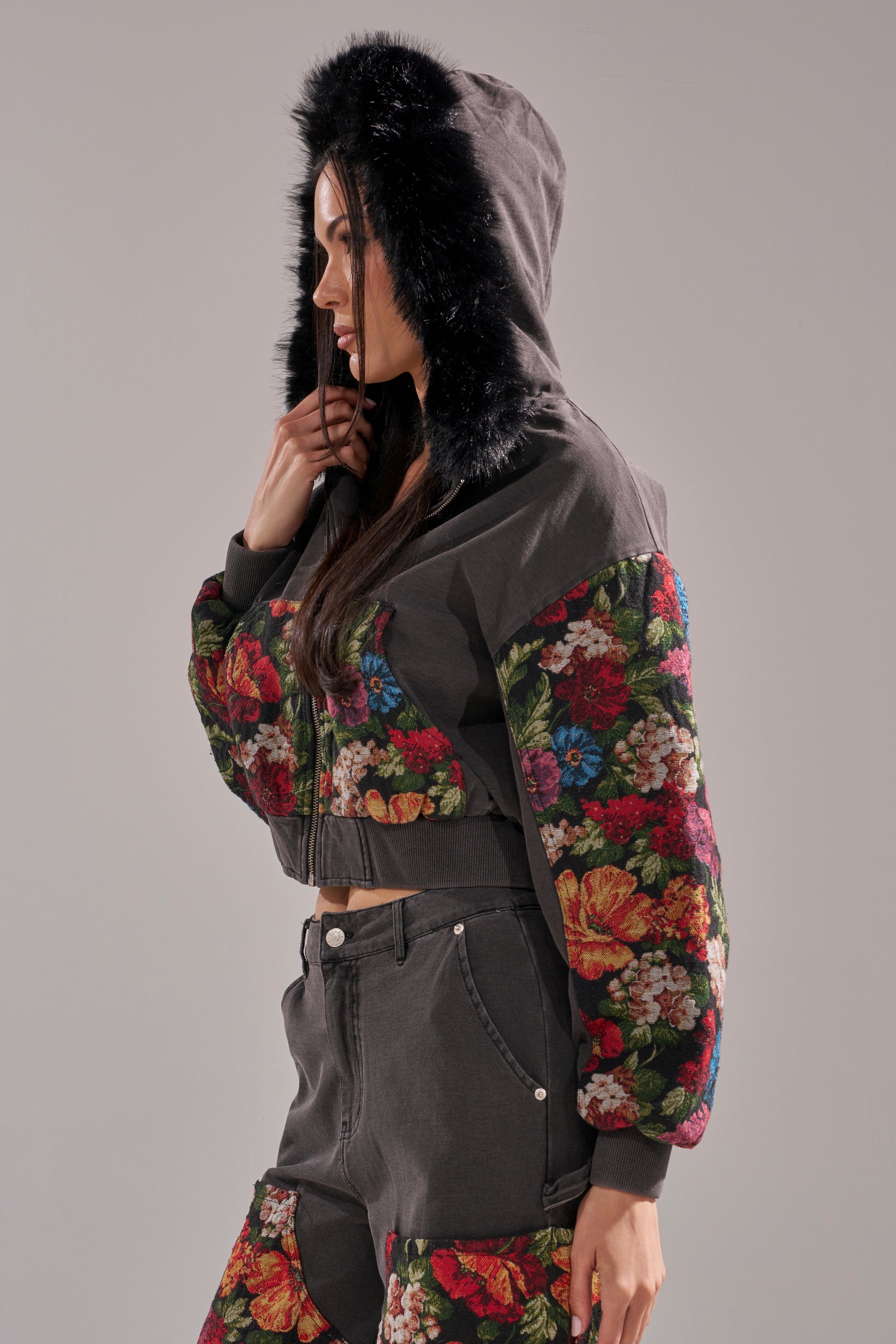 TRY ME FLORAL DENIM ZIP UP SWEATSHIRT