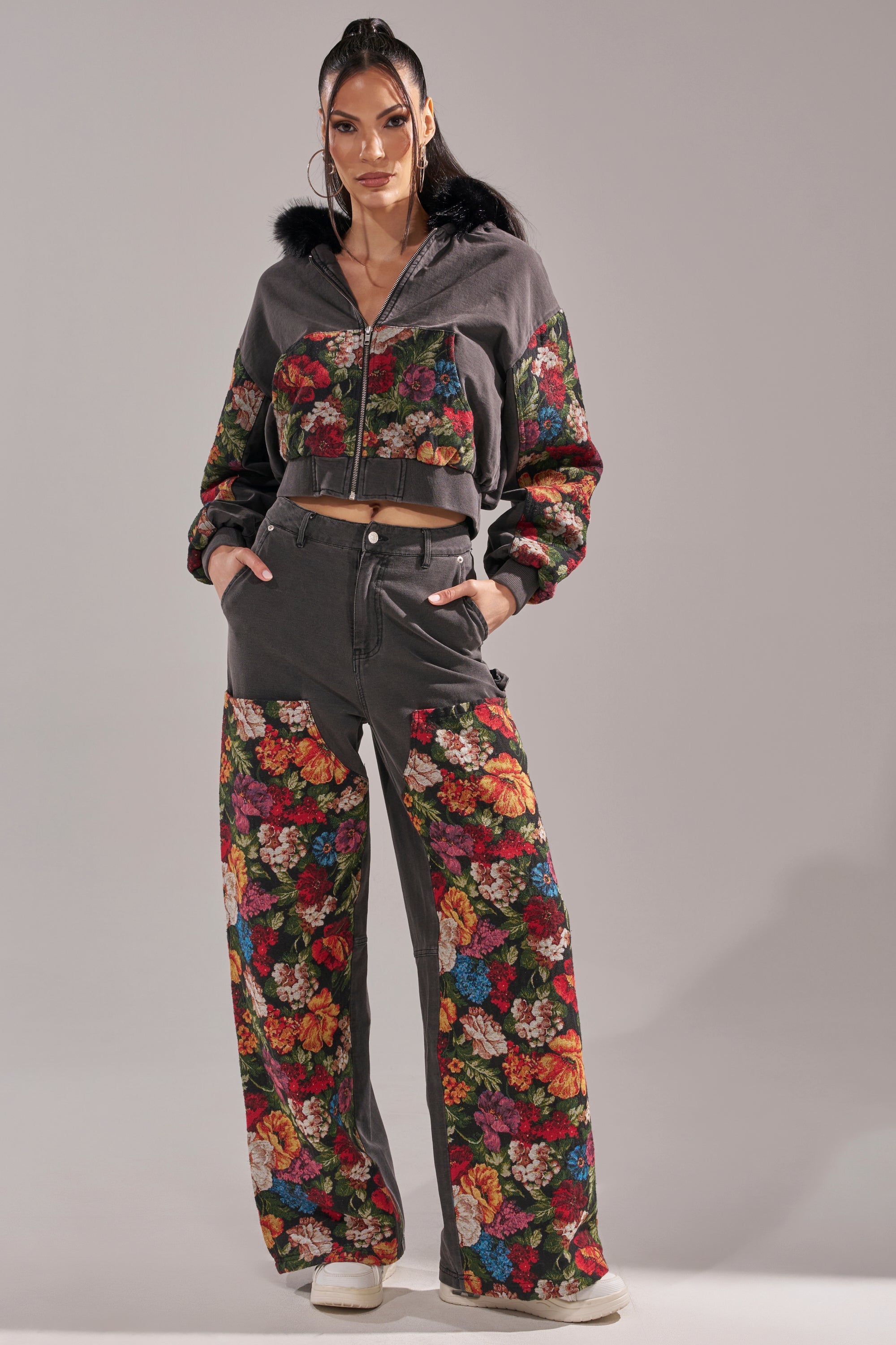 TRY ME FLORAL DENIM ZIP UP SWEATSHIRT