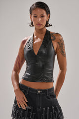 WITHOUT A DOUBT FAUX LEATHER HALTER NECK CORSET IN BLACK