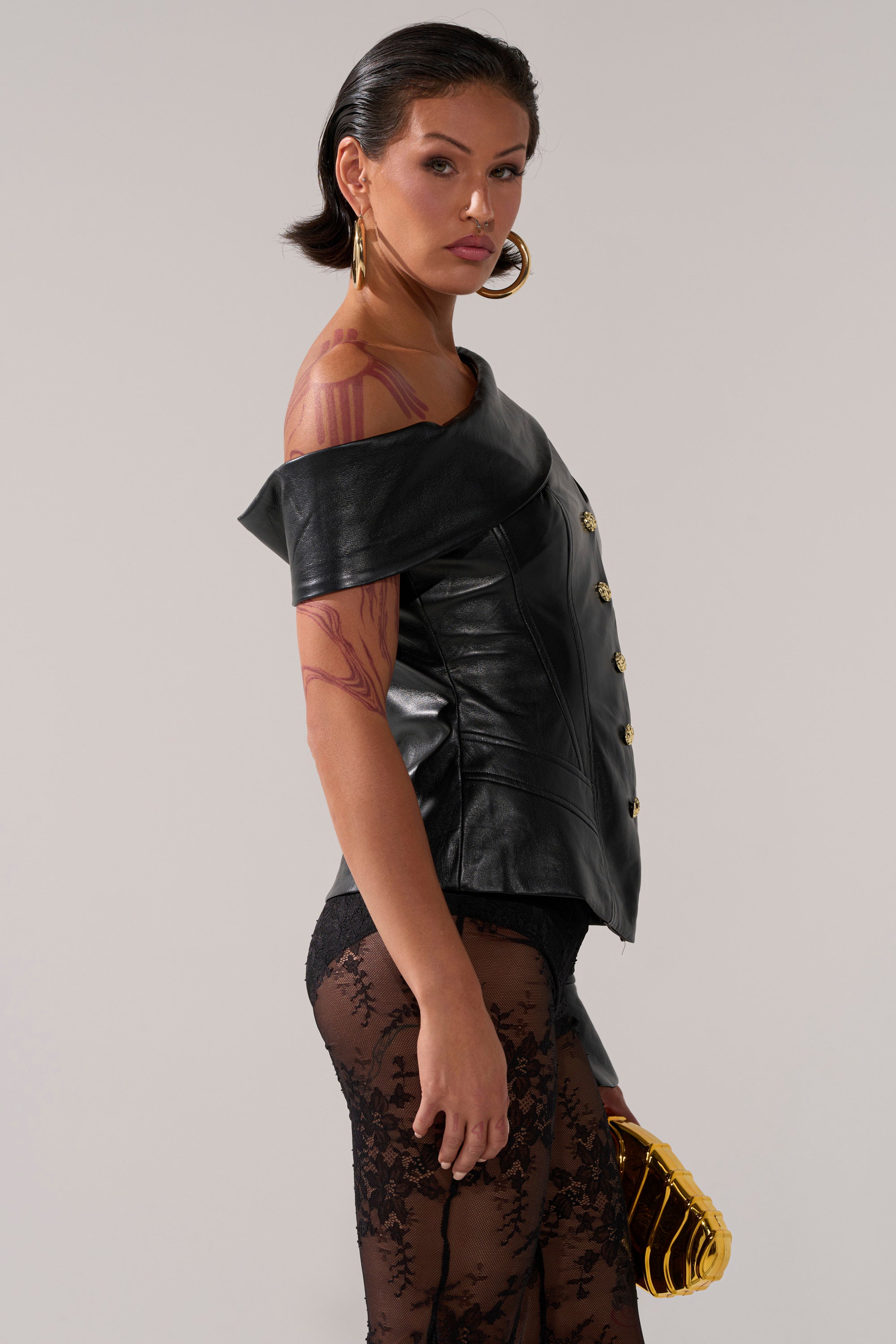 YOU GOT ME FEELING FAUX LEATHER BUTTON DOWN