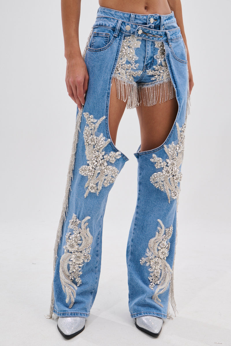 DIVALICIOUS DENIM CHAPS IN LIGHT BLUE