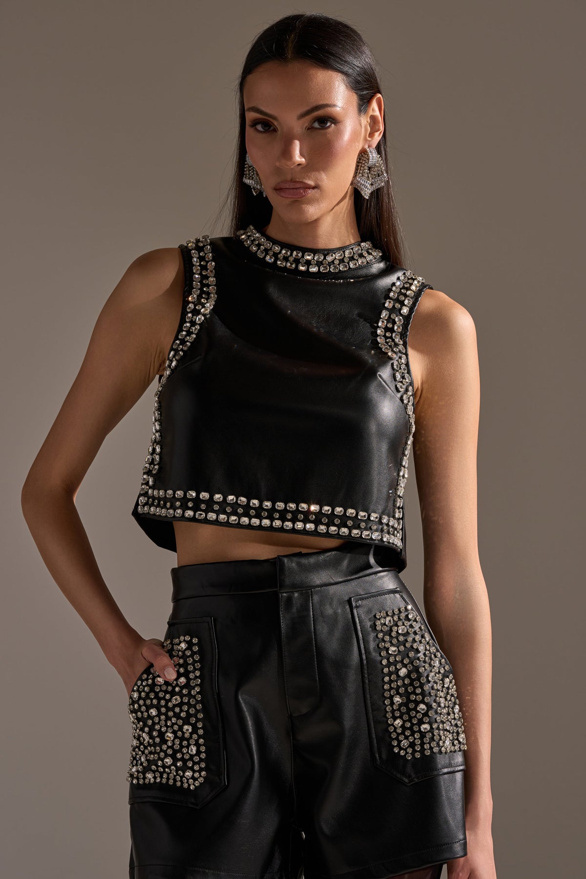 DANCE THE NIGHT AWAY FAUX LEATHER RHINESTONE BLOUSE