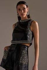 DANCE THE NIGHT AWAY FAUX LEATHER RHINESTONE BLOUSE